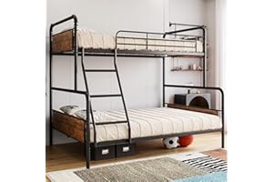 Garvee Metal Bunk Bed Twin Over Full Size with Angled Ladder, Heavy Duty Bunk Bed Frame with Metal Slats & High Guardrail, Sm