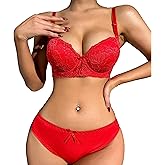 Cotorance Womens Lace Padded Bra and Lace Panty Set Underwire Lace Push-up Lingerie Set 32B-38B