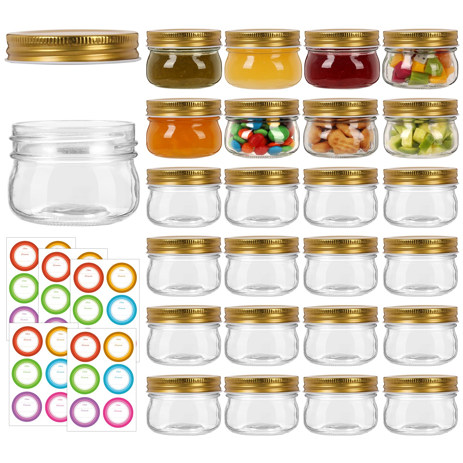 Photo 1 of Mcupper 4 oz Mason Jars With Gold Lids, 24 Pack Regular Mouth Canning Jars for Jam, Honey, Yogurt, Spices, Snacks, DIY Projects, Wedding Favors- Includes 30 Stickers