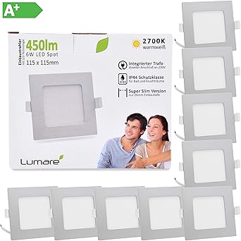 Lumare LED Einbaustrahler 6W 230V IP44 Ultra flach 9er Set Wohnzimmer, Badezimmer Einbauleuchten silber quadratisch 26mm Einb