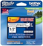 Brother TZE2312PK 1/2-inch Standard Laminated P-Touch Tape, Black on White, 26.2 Feet (2-Pack)