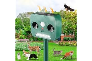AMSQTO 2024 Ultrasonic Animal Repellent, Solar Powered Cat Squirrels Deterrent with Motion Sensor,Sound,LED Flashing,Waterproof Deer Repellent for Dog Bird Skunk Rabbit-X3