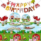 Pajean 171 Pcs Farm Birthday Decorations Happy Birthday Animals Theme Party Supplies 24 Guests Dinner Plates Dessert Plates Cups,Napkins and Banner for Baby Shower Farm Party Decoration(Vivid)