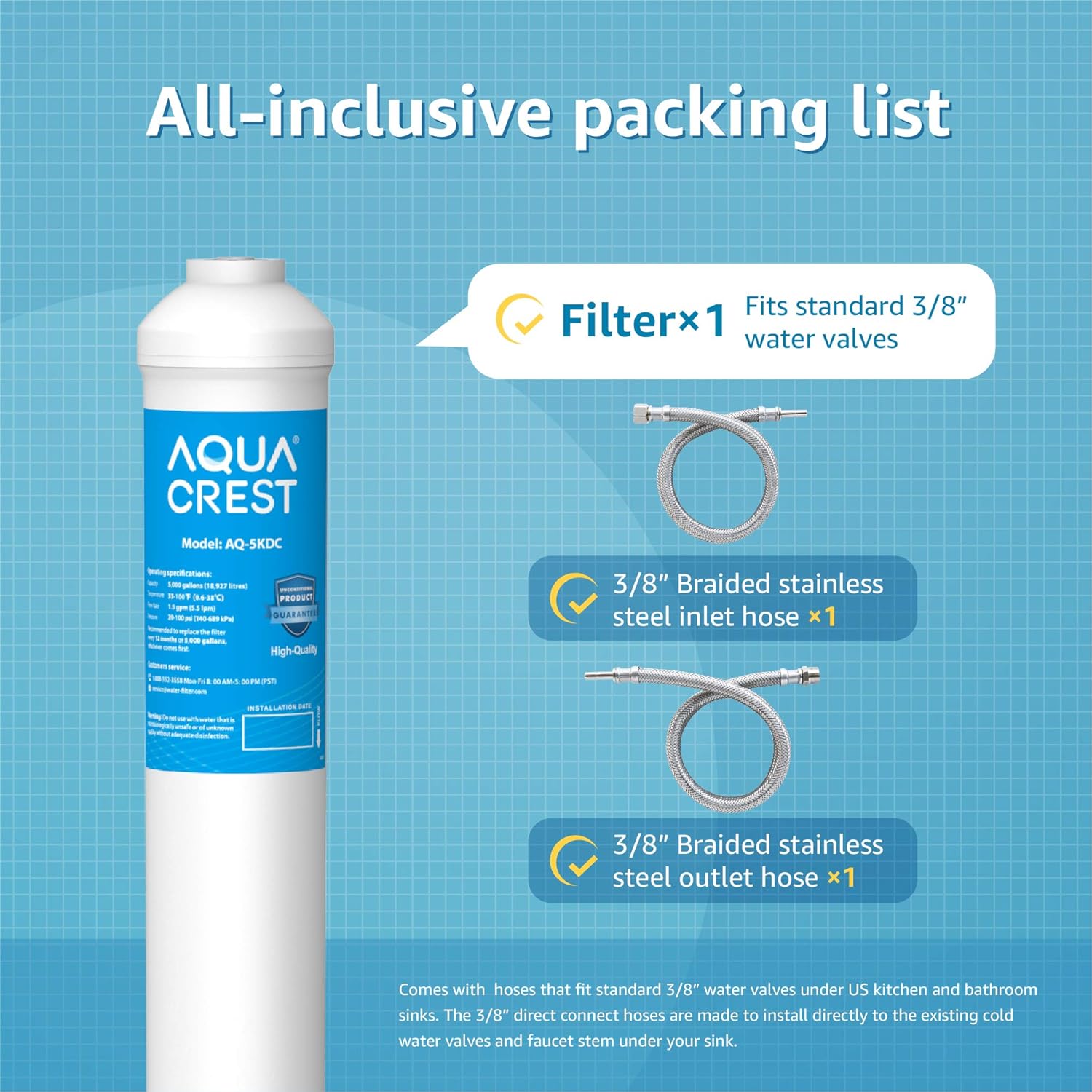 AQUACREST 5KDC Under Sink Water Filtration System, Direct Connect Under Sink Water Filter, NSF Certified 5K Gallons Ultra High Capacity, USA Tech - - 