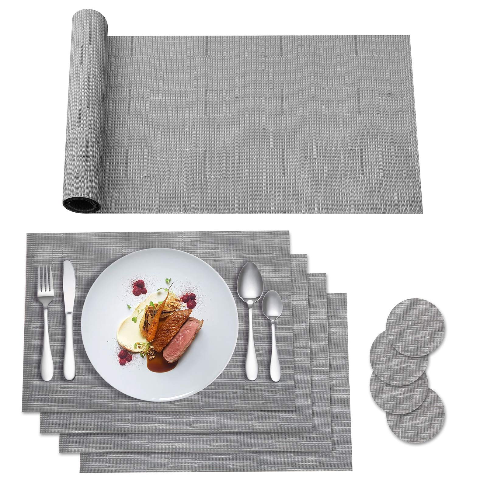 HPMAISON 9 Pcs Grey Placemats Set - 4 Placemats, 4 Coasters, 1 Long Table Mat - Resistant Anti-Slip Place Mats for Home and Restaurant — image 1