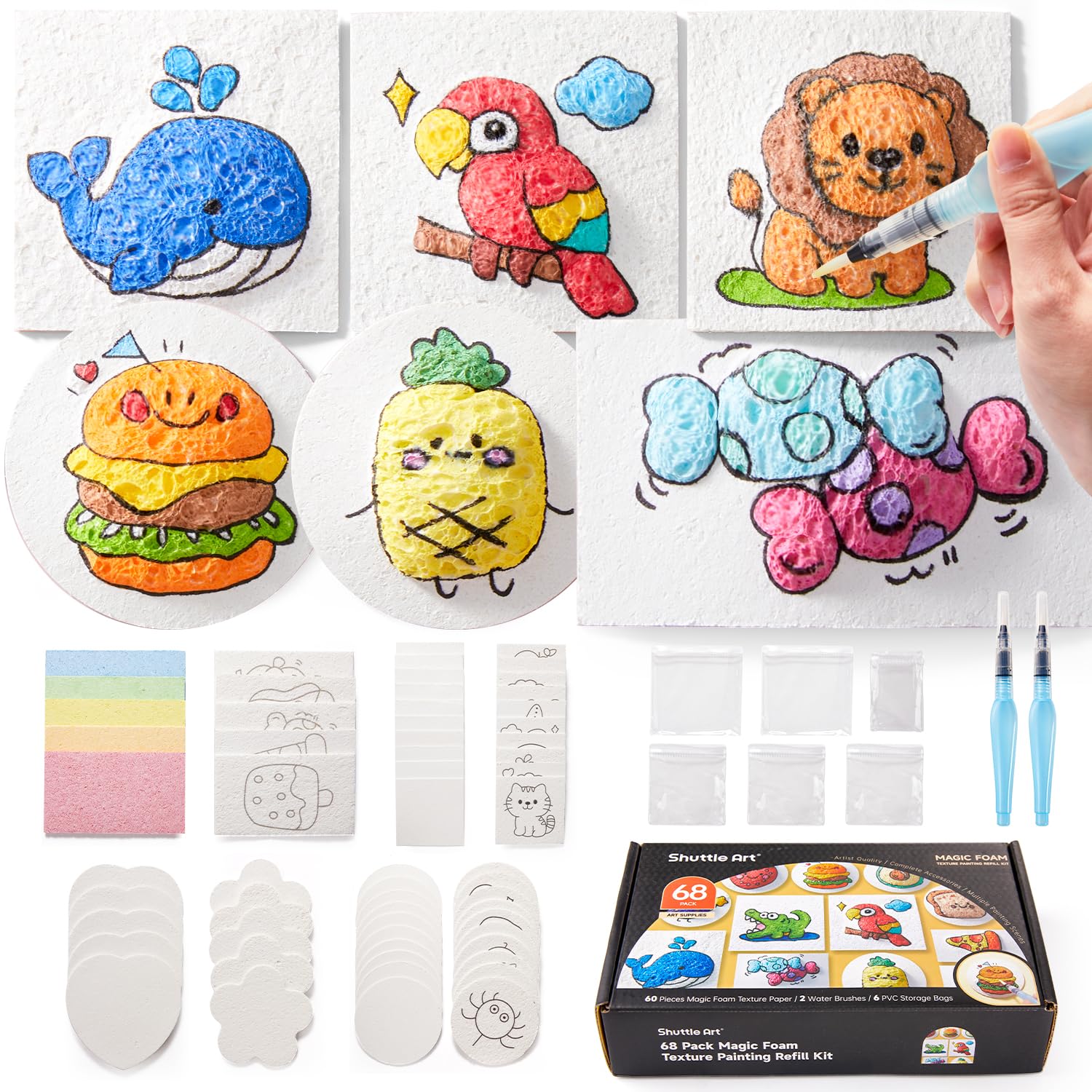 Shuttle Art 66 Pcs Magic Puffy Paint Kit, Magic 3D Foam Texture Painting Kit with 60 Pcs Foam Texture Paper, Paint Set for Adults, Kids 6-12, Artists, Magic Painting Kit