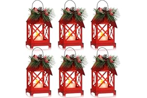 Baquler 6 Pcs Christmas Decorative Lantern LED Candle 5.5" Christmas Mini Lanterns Bulk Holiday Vintage Hanging Lanterns Xmas Decorative Candle Lanterns for Table Centerpiece Outdoor Indoor (Red)