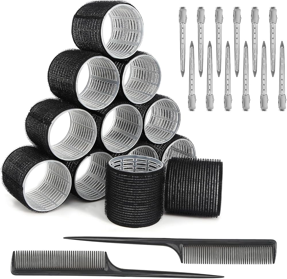 AOROPS Self-Adhesive Hair Rollers 12pc No Heat Large Curls Clips Combs for All