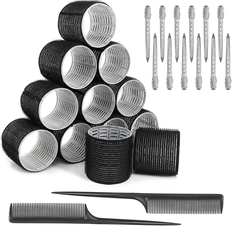 AOROPS Self-Adhesive Hair Rollers 12pc No Heat Large Curls Clips Combs for All