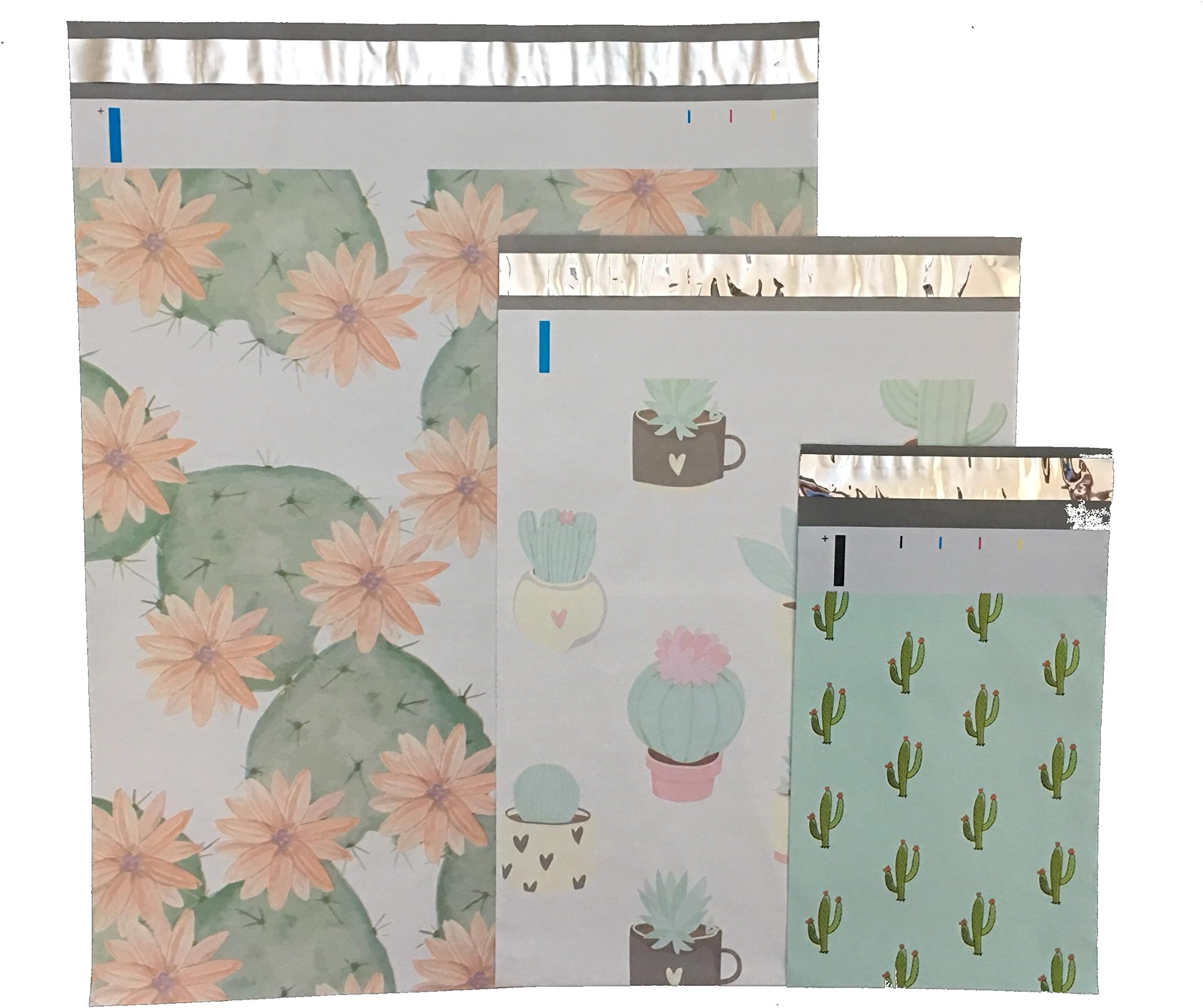 Designer Poly Mailers, 3 Mixed Sizes 14x17, 10x13, 6x9: Flowering Cactus, Succulents, Cactus; Printed Self Sealing Shipping Poly Envelopes Bag (30 Pcs Total)
