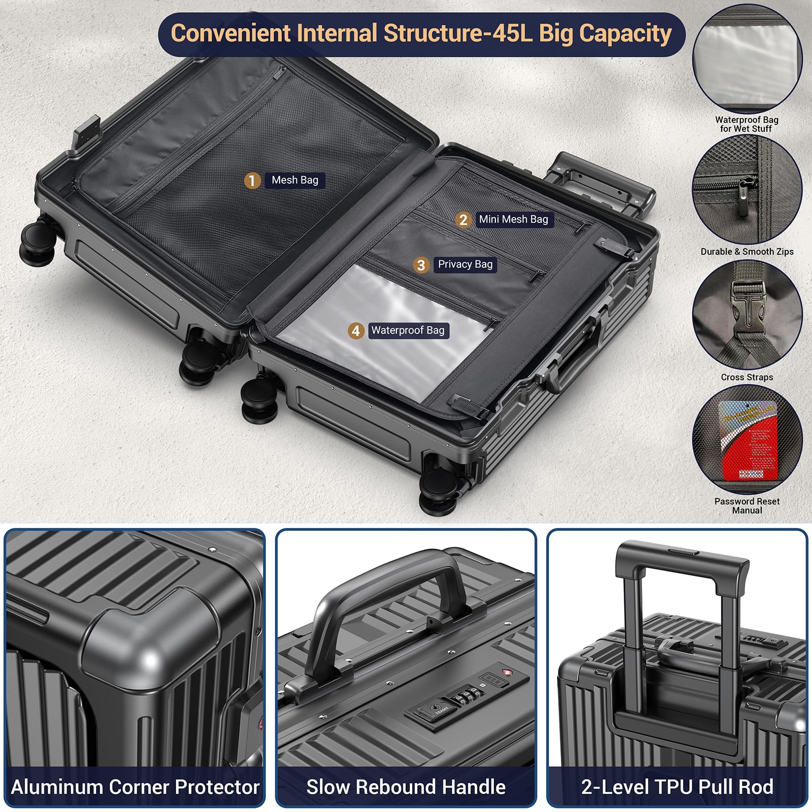 Ladplay Portable Carry on Luggage Airline Approved, Expandable Luggage for Trips, Practical Suitcase with Front Pocket ＆USB Port. (01-Black)