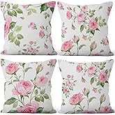 Vie Savaran Pink Roses Throw Pillow Covers Blooming Floral Set of 4 Vintage Countryside Small Flower Green Leaves Linen Square Pillowcases for Couch Sofa Bedroom Patio Farmhouse Chair 18x18 Inch