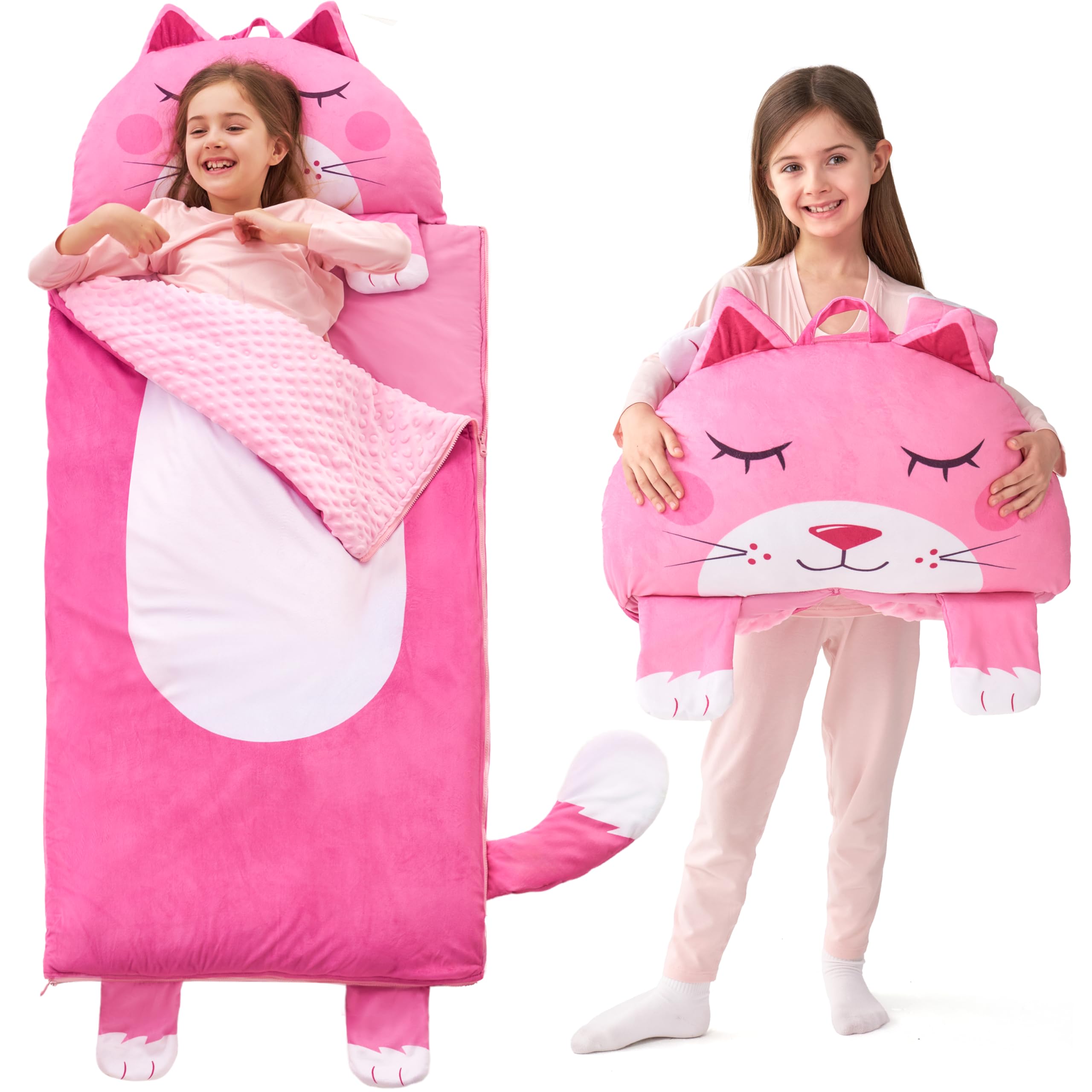 JOIEDOMI Pink Cat Toddler Nap Mat with Pillow & Blanket - 60" x 27" for Kids Ages 3+ - Nap Mat for Preschool - Kids Sleeping Bag- Soft Plush Sleeping Mat - for Kindergarten Daycare