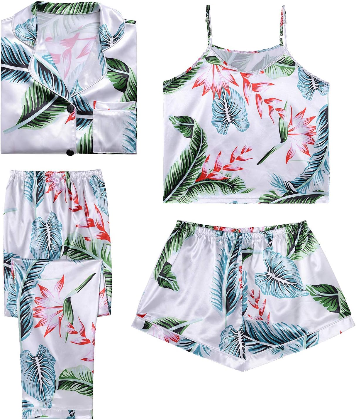 LYANER Women's Pajamas Set 4pcs Satin Silk Cami Top Button Down Loungewear Pjs Set