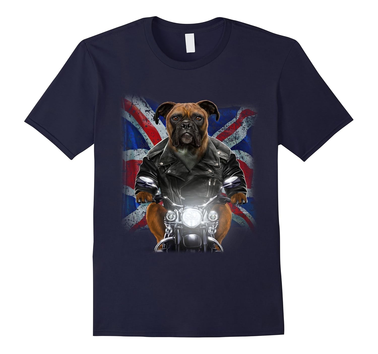 Union Jack Patriot Boxer Dog Ride Motorcycle T-Shirt-ANZ