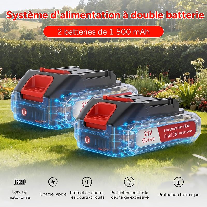 Debroussailleuse Electrique sans Fil, Débroussailleuse à Gazon sans balais avec 2 Batteries et 4 Lames avec poignée réglable, Débroussailleuse à Gazon Portable d'extérieur pour Couper l'herbe