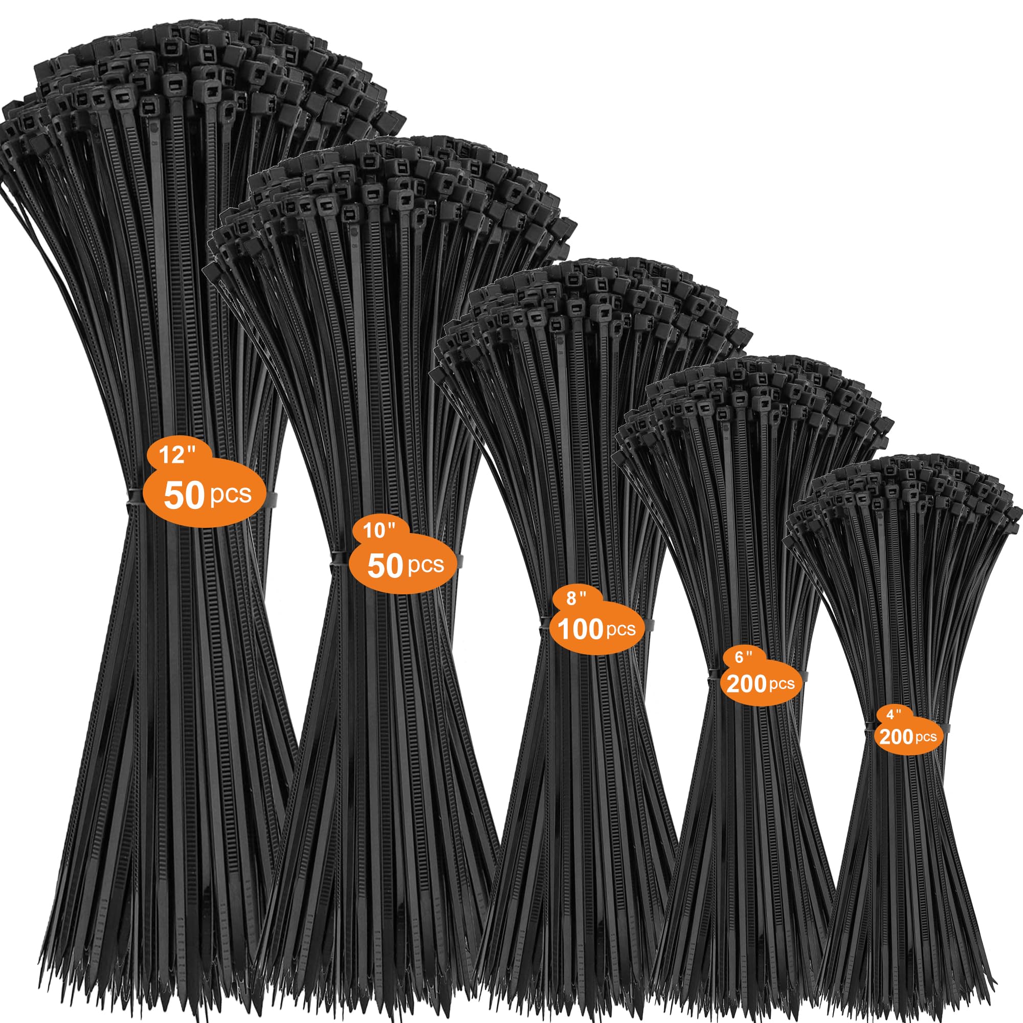 DUNSOO 600 Pack Cable Ties Black, Heavy Duty Nylon Zip Ties, 100/150/200/250/300mm, Secure Self-Locking Mechanism, Multi-Purpose Plastic Tie Wraps for Wire Management, Indoor and Outdoor Use