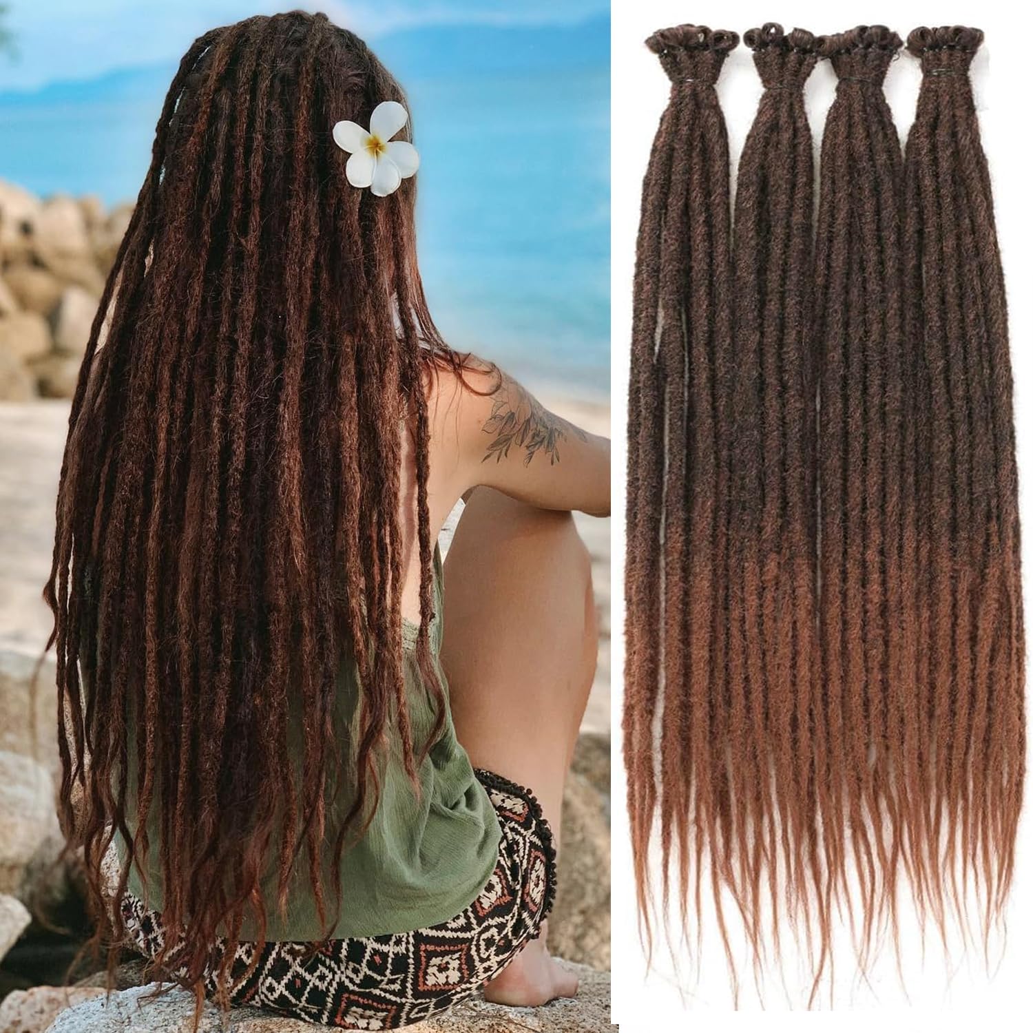 PORSMEER 20 Strands/Pack Ombre Brown Synthetic Dreadlocks Extensions,Handmade Hippie Dreadlock 0.6 Width Soft Dreads Hair Reggae Style Locs Crochet Braiding Hair for Women or Mens,18 inch