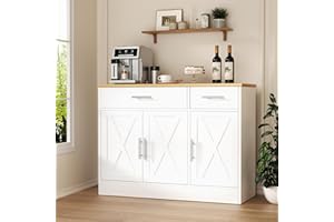Shintenchi 3 Doors Farmhouse Sideboard Buffet Cabinet,41" Barn Doors Buffet with Storage,Wood Coffee Bar Cabinet with Adjustable Shelf for Kitchen,Living Room,White