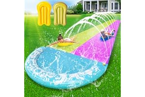 OHMANHE Slip Lawn Water Slide for Kids, Double Lanes Slides, Water Slide with Splash Pool, 2 Inflatable Bodyboards, Slip Backyard Summer Water Play Toy-Dual Lanes x 16 FT