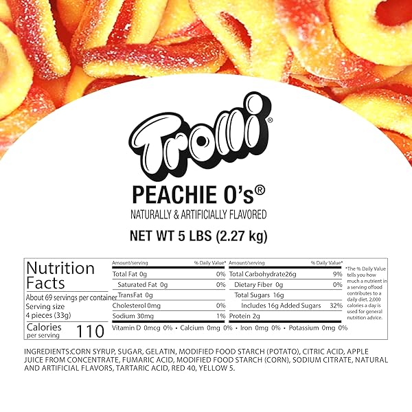 TROLLI PEACHIE O’S SOUR GUMMY RINGS CANDY, 5 POUND BULK BAG