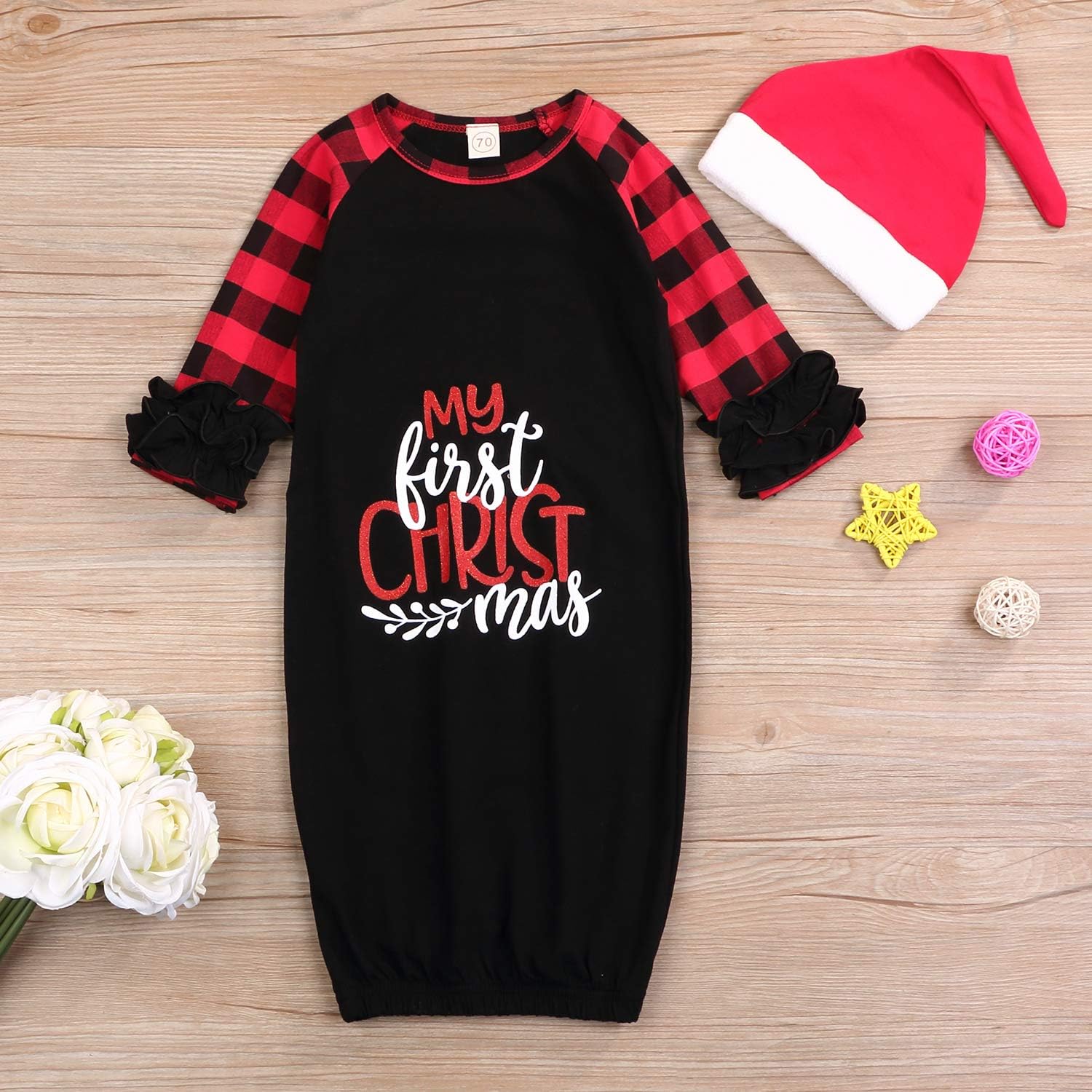 Newborn Baby boy Girl My First Christmas Sleeping Bag with hat Sleeper Nightgown Pajama Set Coming Home Outfit (Black&Red, 0-6 Months): Clothing