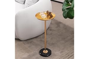 SSC SATISUNCASA 24.5”Gold Drink Table - Marble Pedestal Table, Metal Round Side Table for Living Room, Office, Bedroom, 2 Height Adjustable + Non-Slip Bottom Mat Small Side Tables for Small Spaces