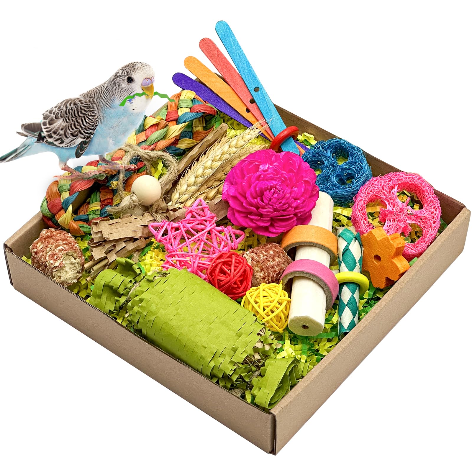 Photo 1 of LOPERDEVE Natural Bird Toy Foraging Parrot Shredding Toys Box Conure Chewing Toys for Cockatiel Lovebird Parakeet Budgie Small-Medium Birds (Colorful)