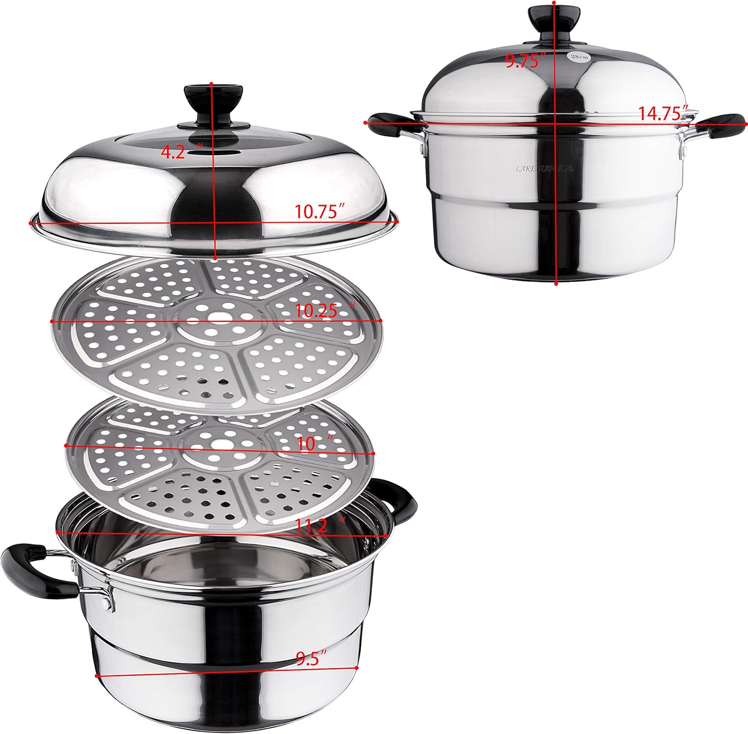 Single Multi-layer Stainless Steel Steamer Pot For Cooking Cookware Pot with 2 Racks/Insert with Tempered Glass Lid, Dumpling Steamer, Vegetable Steamer, Dishwasher Safe Lake Tian 12.5QT (28cm/11″): Kitchen & Dining