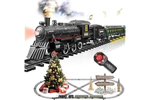 Electric Train Sets Remote Control for Kids Metal Alloy Christmas Train Toys Steam Locomotive, Glowing Passenger Carriages, L