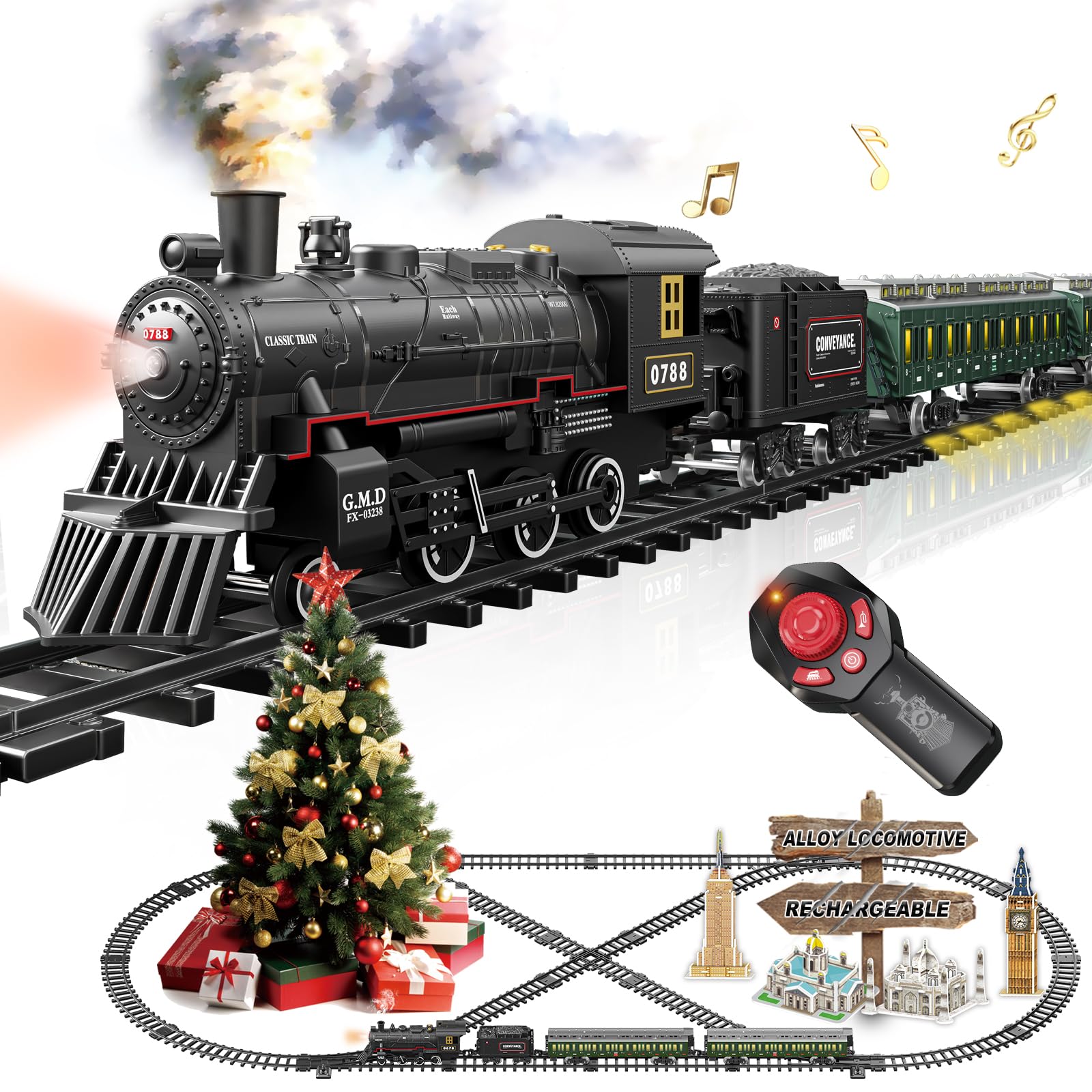 Photo 1 of (parts only) Electric Train Sets Remote Control for Kids Metal Alloy Christmas Train Toys Steam Locomotive Glowing Passenger Carriages Luxury Tracks Light & Sounds Rechargeable Birthday Gifts for Boys Girls Green
