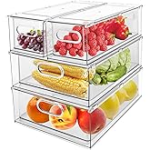 Greenby 4 Pack Refrigerator Organizer Bins with Pull-out Drawer Stackable Clear Fridge Drawer Organizer Fruit Vegetable Storage Containers for Kitchen Pantry Organization (2 Large+2 Small)