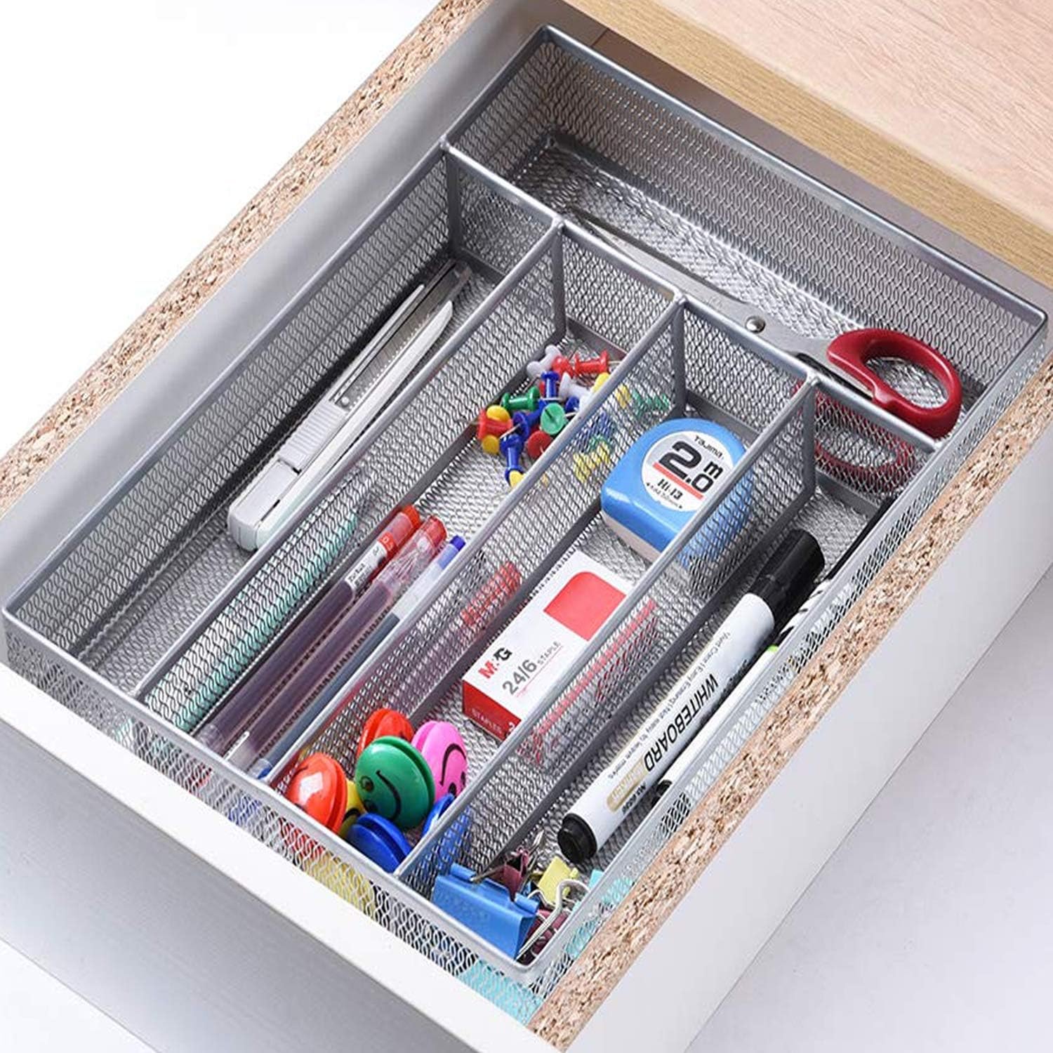 Flatware Tray Utensil Drawer Organizer Kitchen Utensil Cutlery Tray Mesh Designing with Foam Feet Multi Compartments Keep Desk Drawer and Office Supplies Well Organized (Silver): Kitchen & Dining