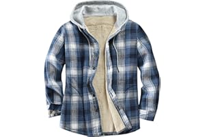 Derbars Men's Cotton Plaid Shirts Jacket Fleece Lined Flannel Shirts Sherpa Button Down Jackets with Hood for Men