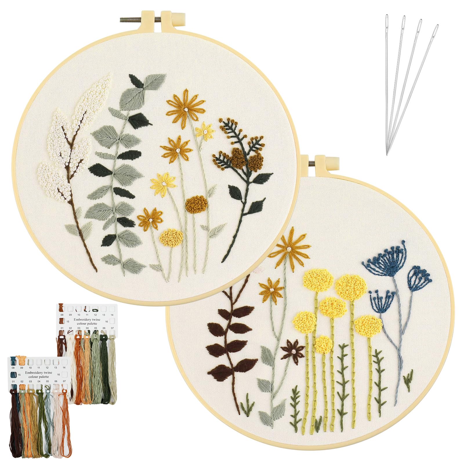 AUAUY 2 Sets Embroidery Kit for Beginners, Flowers DIY Embroidery Starter Kit, Cross Stitch Kits for Adults Beginners, Embroidery Kits for Adults, Hand Embroidery Kits for Craft Enthusiasts Skills