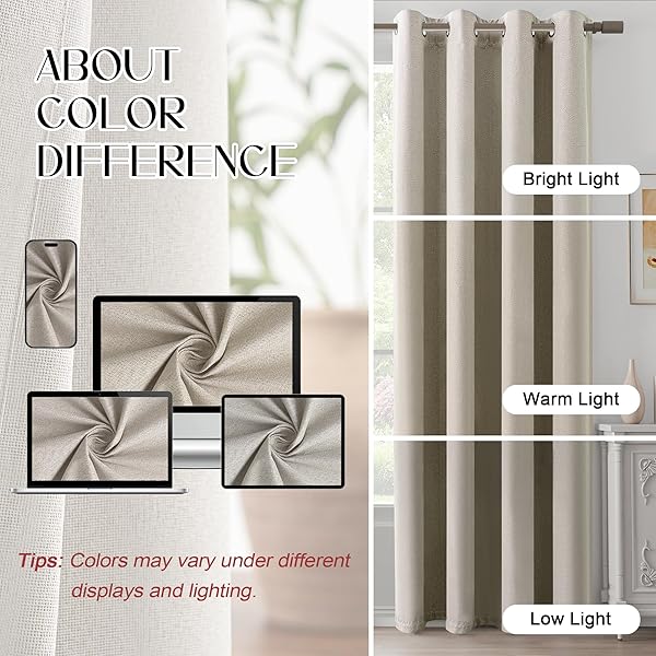 LCOOMZEN 100% BLACKOUT NATURAL LINEN CURTAINS 84 INCH LENGTH 2 PANELS SET FOR BEDROOM, NOISE REDUCING THERMAL INSULATED LIGHTWEIGHT COMPLETELY BLACKOUT GROMMET DRAPES, NATURAL, W52 X L84, 2 PANELS
