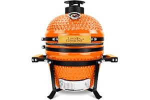 LONDON SUNSHINE Upgraded 13 inch Ceramic Kamado Grill with Waterproof Air Vent Cap | Portable Tabletop Charcoal BBQ Grill Smoker for Outdoor Cooking, Patio, Camping | Orange