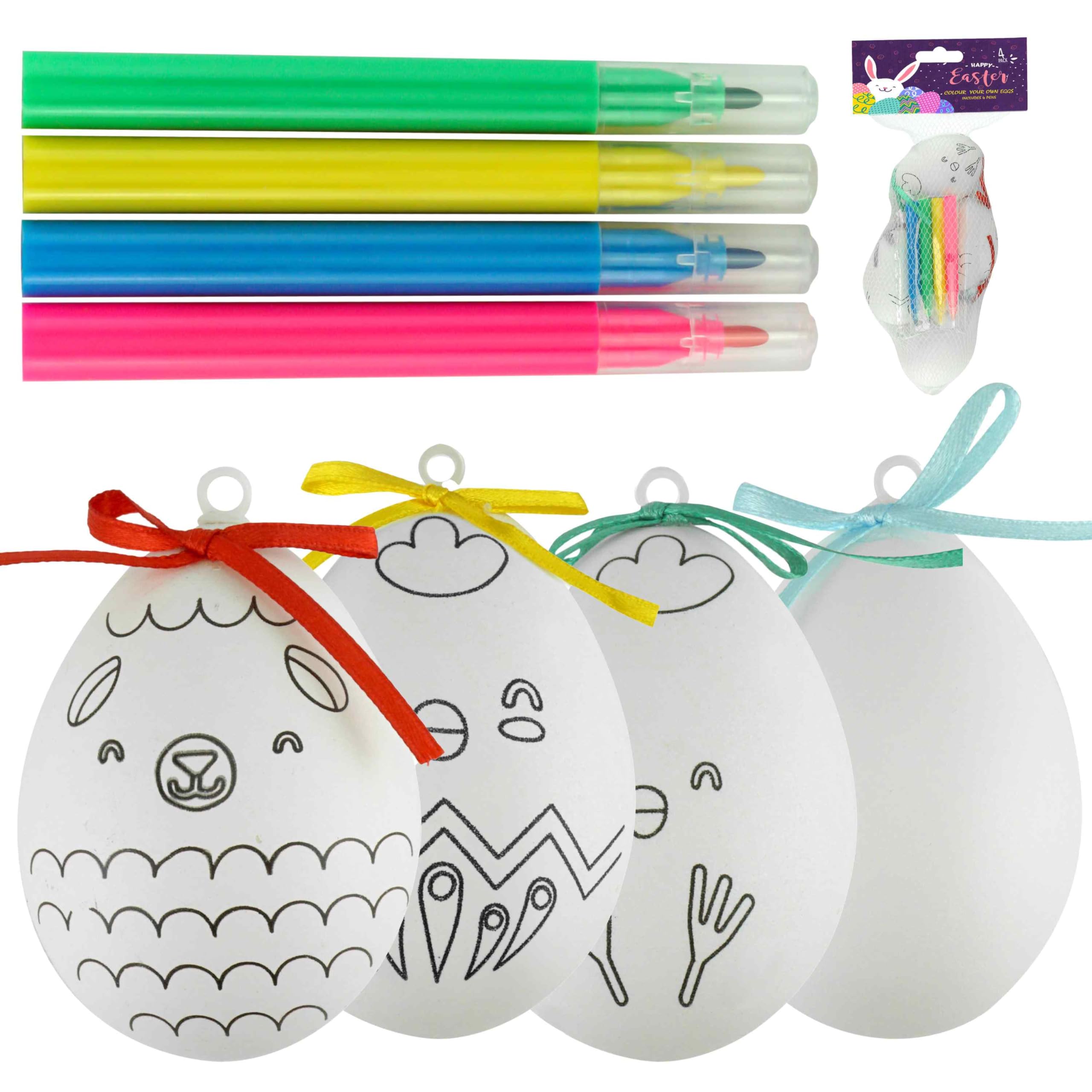 SRVertex 8PCs White Hanging Eggs Ornament with Pens - 7cm Easter Craft Foam Eggs with Ribbons, DIY Foam Balls Easter Crafts for Kids, Painting Home Decoration