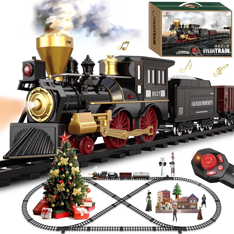 BUBUQE Train Set Remote Control Steam Locomotive 8 Tracks Light Smoke