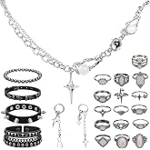 Liliaafar 22 Pcs Grunge Vintage Punk Jewelry Bracelet Set for Halloween | Vintage Silver Y2k Star Rings, Rock Leather Studded Bracelets, Teardrop Spike Star Earrings, Necklace, Adjustable Emo Jewelry