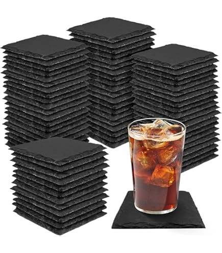 48 Pieces Slate Drink Coasters, 4 Inch Black Coasters Stone Coaster Set, Lase