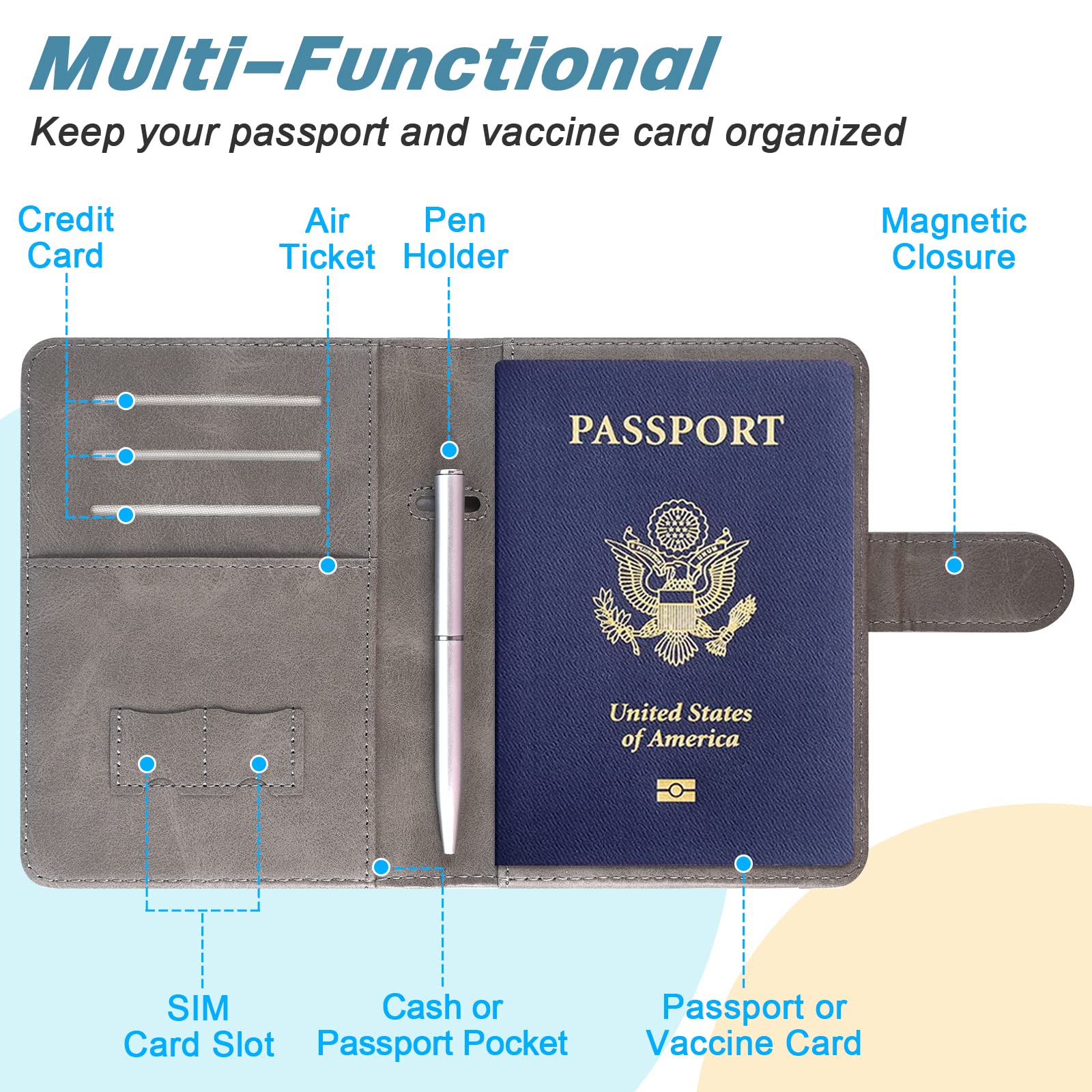 DMLuna Passport Holder Premium PU Leather Travel Passport Wallet RFID Blocking Passport Cover Case Travel Documents Organizer with Magnetic Closure, Free Mini Pen, for Women and Men, Grey