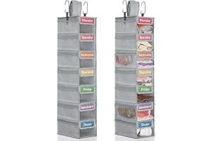 Yeyeplum 2 Pack 7 Shelf Weekly Clothes Organizer Hanging Closet for Kids with Side Pockets Weekday Shoes Rack Weekly Clothes Organizers Monday Through Weekend Foldable Storage Shelves(Gray)