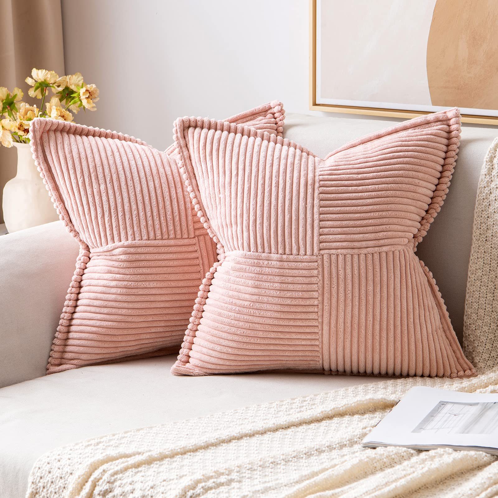 MIULEE Corduroy Cushion Covers Pack of 2 Decorative Modern Patchwork Throw Pillow Covers Soft Pillowcase Cushions for Home Spring decor Sofa Couch with Invisible Zipper 16x16 Inch Pink 40x40 cm