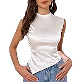VIDUSSA Crop Tank Tops for Women - Mock Neck Sleeveless Satin Blouse Ruched Slim Fitted Asymmetrical Hem Silk Tops