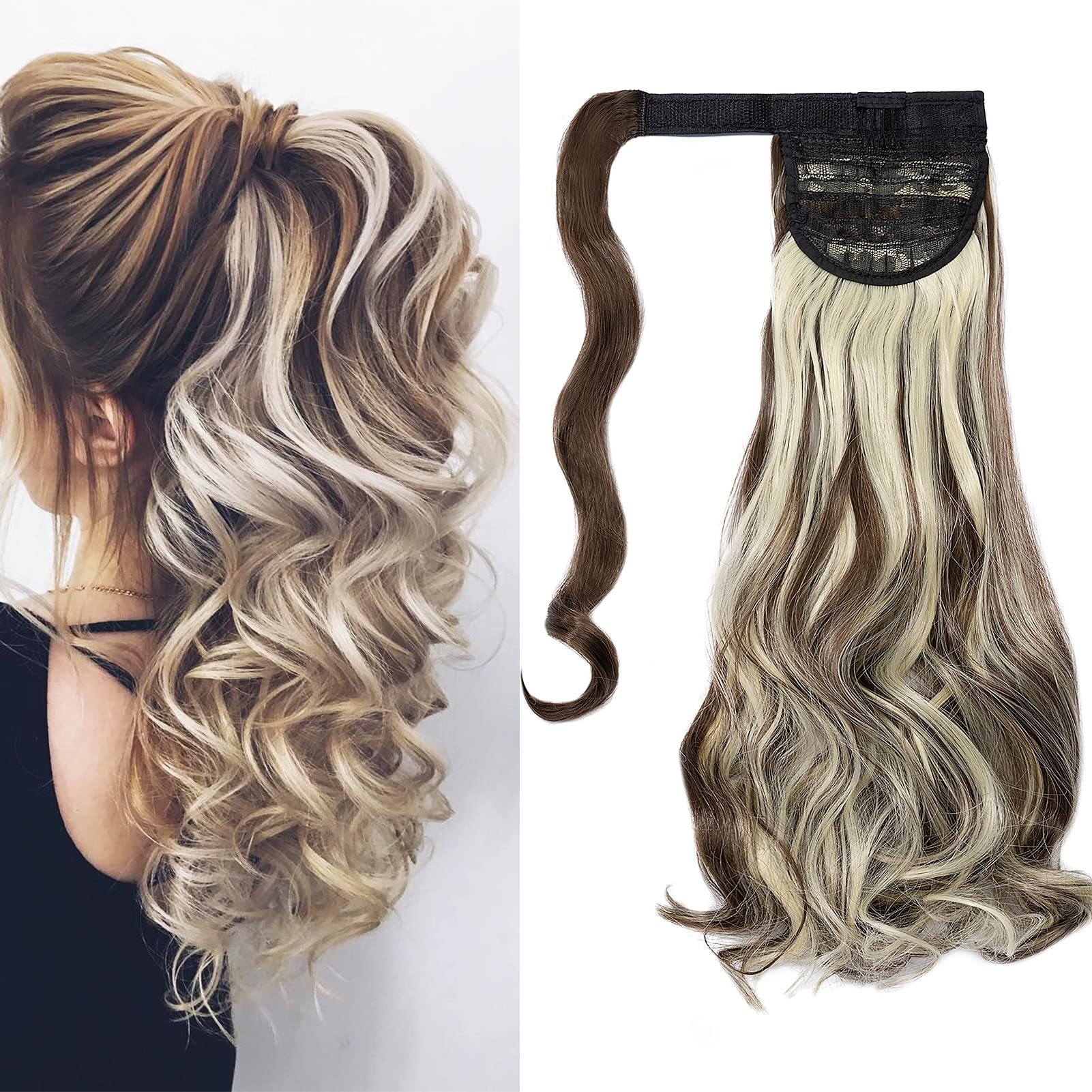 Cybelleza Ponytail Extension Curly Wavy Wrap Around Pony Tail Clip in Hair Extensions Hairpiece Synthetic Long for Women (Chestnut Brown&Bleach Blonde)