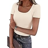 PRETTYGARDEN Scoop Neck Tops for Women 2026 Summer Basic Tees Trendy Short Sleeve Shirts Spring Casual Fitted Ribbed Tops
