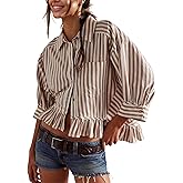 InterNos Womens Striped 3/4 Sleeve Blouse Loose V Neck Button Down Ruffled Hem Vertical Shirt Top with Pocket