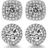 Stud Earrings for Men,18K White Gold Plated Round Square Cubic Zirconia Hypoallergenic Studs Earrings Set for Women