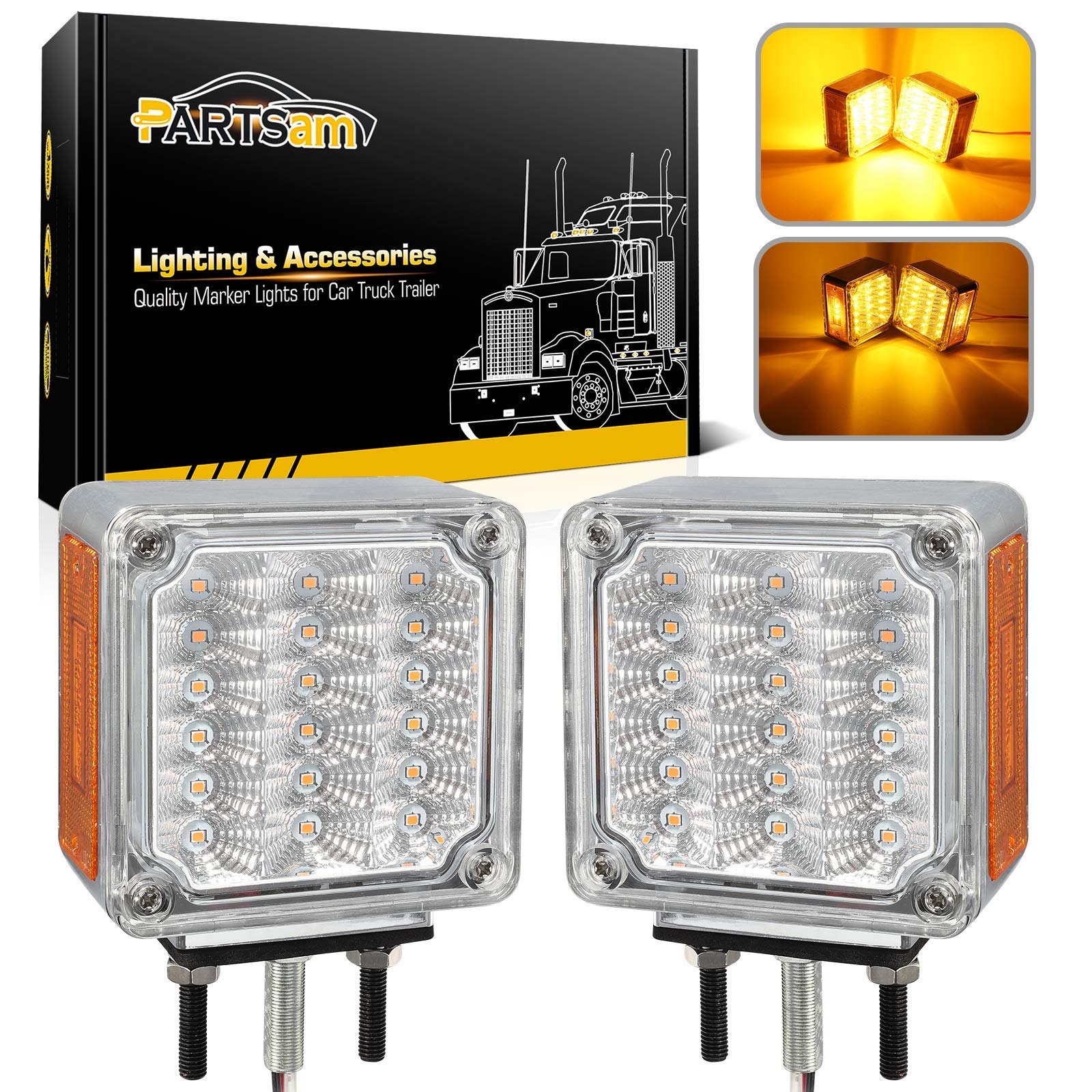 Photo 1 of Partsam 2Pcs Square Double Face Led Turn Signal Lights Parking Lights Clear Lens - Amber/Amber 39 Square LED Pedestal Fender Stud Mount Dual Face Led Lights for Trucks Trailers